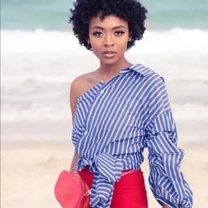 🌸 Blue Stripes Asymmetrical Off The Shoulder Top